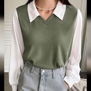 Olive Green Ribbed Sweater Vest Layered with White Dresss Shirt